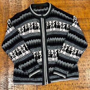 Handmade 100% Alpaca Wool Sweater Jacket— Made in Peru— Llama Pattern— Size: M